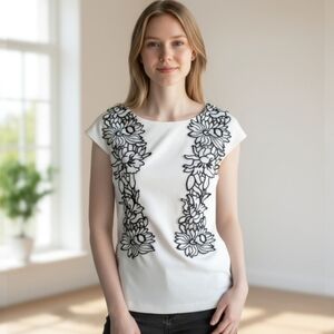 Orsay Slim Fit Cap Sleeve Top Flower Embroidered Design Waist Length XS